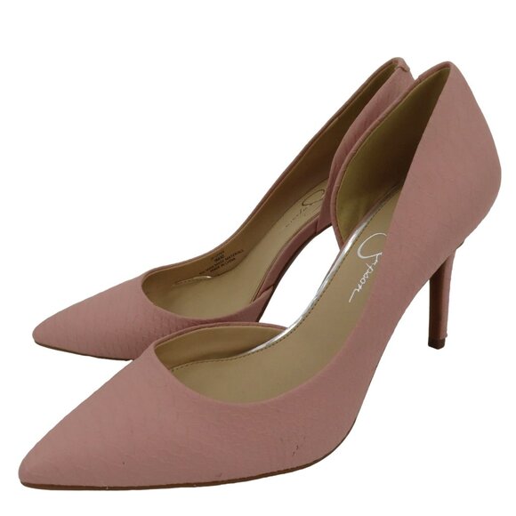Jessica Simpson Womens 9 Livvy Pink Faux Leather Snakeskin Embossed Heels Shoes - Picture 1 of 16